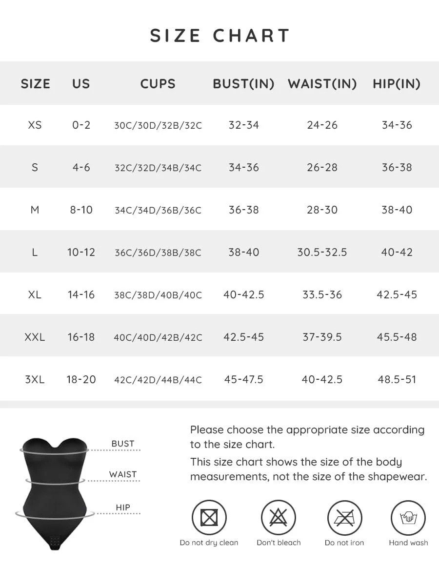 Measurement chart for The Comfy Club Shapewear Bodysuit